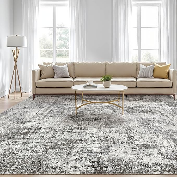 10x12 Area Rug Living Room: Washable Large Abstract Neutral Modern Soft Gray Rug Stain Resistant Indoor Floor Non-Slip Accent Carpet for Bedroom Nursery Playroom Office Dining Room Home Decor