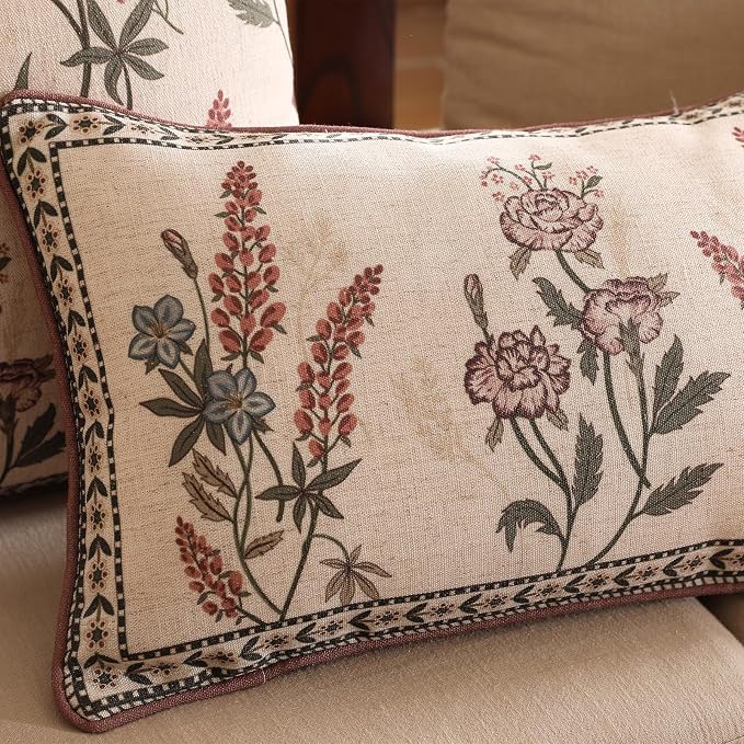 ISAENNE Designer Linen Throw Pillow Cover,Set of 2,20"x12"-Helena C | Elegant French Rectangle Pillow Cover,Concealed Zipper Design,Floral Pattern,Sofas,Bedroom,Living Room,Lounge Chairs