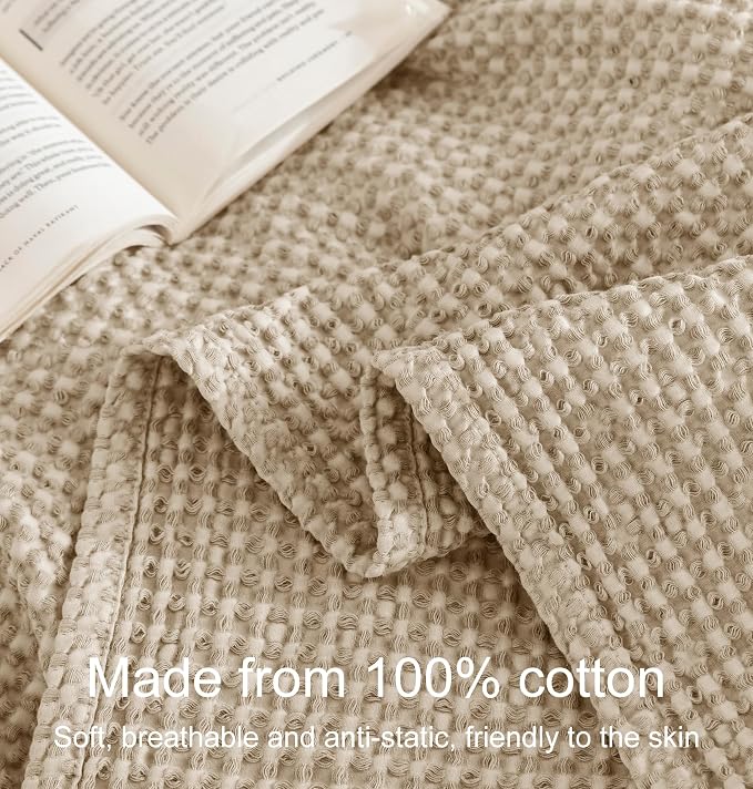 Talasily 100% Cotton Blanket King Size for Bed - Spring and Summer Cooling Lightweight & Breathable Bedding -Soft Waffle Weave Christmas Blanket, Machine Washable,Oatmeal,108x90 Inches