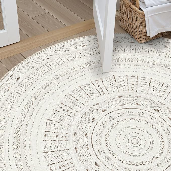 cotiled 6x6 Round Area Rug Living Room: Washable Boho Rugs with Non Slip Backing Large Soft Indoor Stain Resistant Carpet for Bedroom Farmhouse Dining Room Lightweight Home Decor L Brown/Cream