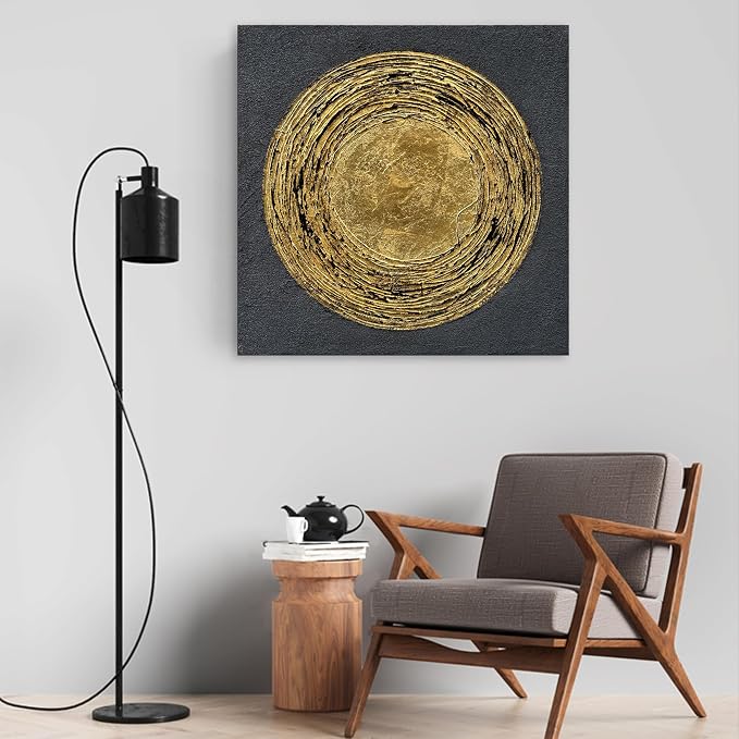 30x30 inch Hand-Painted Gold and Black Texture Abstract Art Modern Home Office Wall Decorative Art