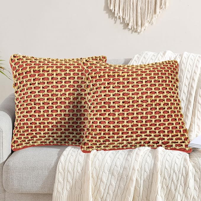Boho Living Jada Premium Woven Design, Decorative Throw, Living Room Décor, (2) 20" x 20" Pillow Covers with Insert, Rust 2 Count