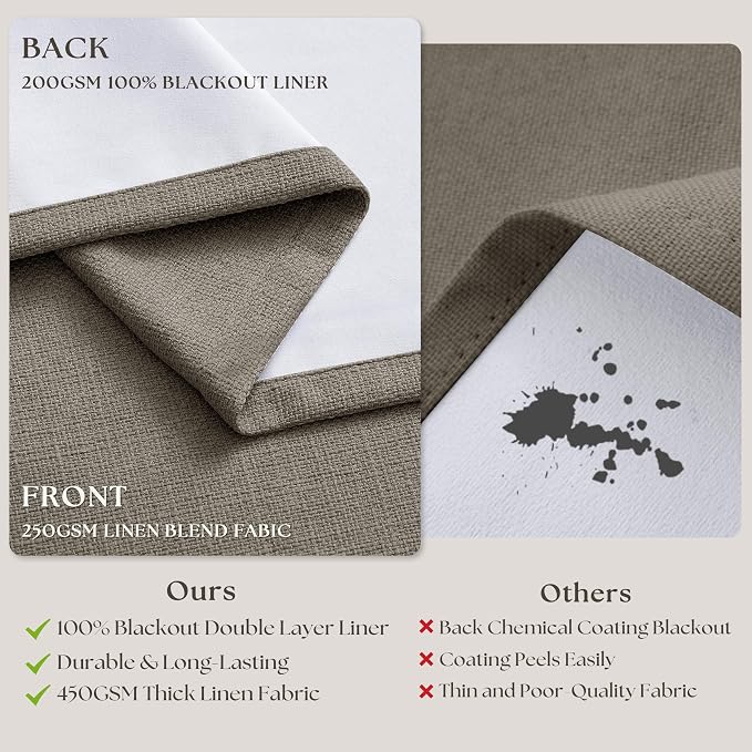 Flax Taupe Pinch Pleated Blackout Curtains 102 Inches Long for Bedroom 100% Black Out Thick Linen Dual Layer Pleated Drapes Farmhouse Country Brownish Gray 102 Inch Curtain for Dining Living Room