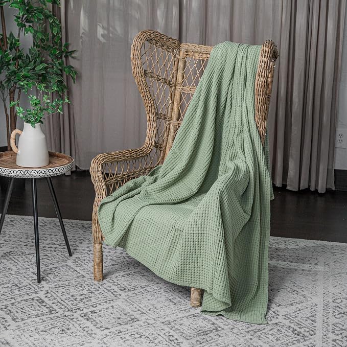 Comfy Cubs 100% Cotton Waffle Weave Throw Blanket Breathable Skin-Friendly Soft Lightweight Blankets - Perfect Warm Textured Blanket Layer - Size for Couch Bed & Sofa (Sage, 50" X 60")