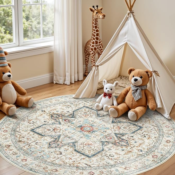 Tortania 12' Round Area Rug Living Room Rugs - Washable Boho Rug Vintage Oriental Distressed Farmhouse Large Thin Indoor Carpet for Bedroom Under Dining Table Home Office - Aqua Multi