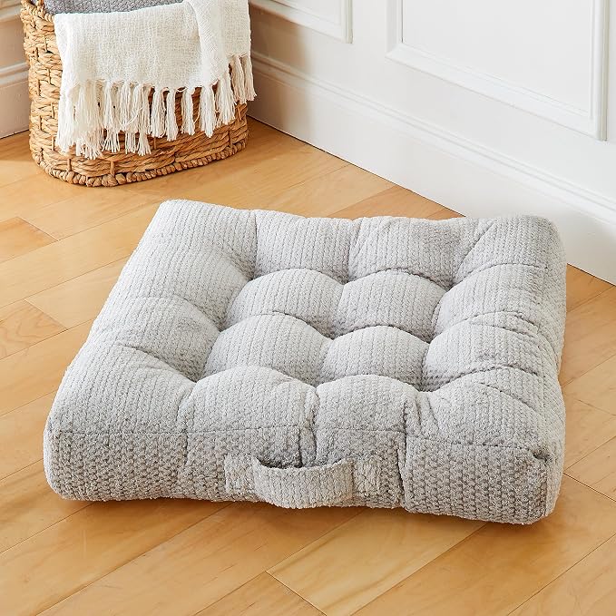 Sorra Home Tufted Floor Pillow with Handle - Square Plush Oversized Pillow for Lounging - Bedroom, Dorm & Indoor Floor Cushion - Sutherland Dove (24" x 24" x 5")