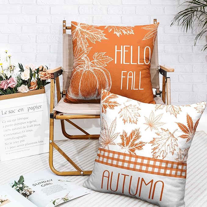 Hello Fall Pillow Covers Burnt Orange Maple Leaves Pumpkin Throw Pillow Covers 18x18 Set of 2 Autumn Pillowcase Double Sided Printing Cushion Case for Home Decor Couch Sofa