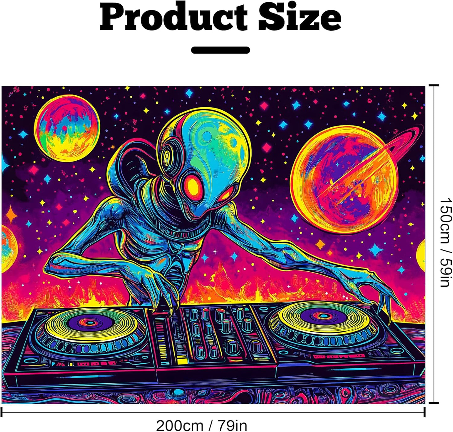 BVBOX Blacklight Space Alien Tapestry 79"x59", UV Reactive DJ Alien Universe Galaxy Planet Glow in Dark Music Tapestries, Black Light Neon Upright Poster Wall Hanging Backdrop Decor for Bedroom Living Room