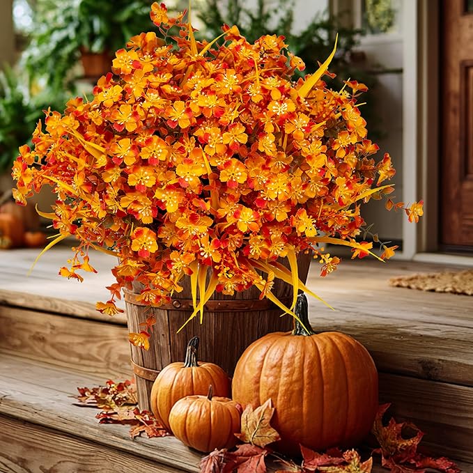 AXYLEX Artificial Mums for Outdoor Fall Flowers - Fake Plants UV Resistant No Fade Faux Plastic Home Decor Garden Porch Patio (1, OrangeMixed)
