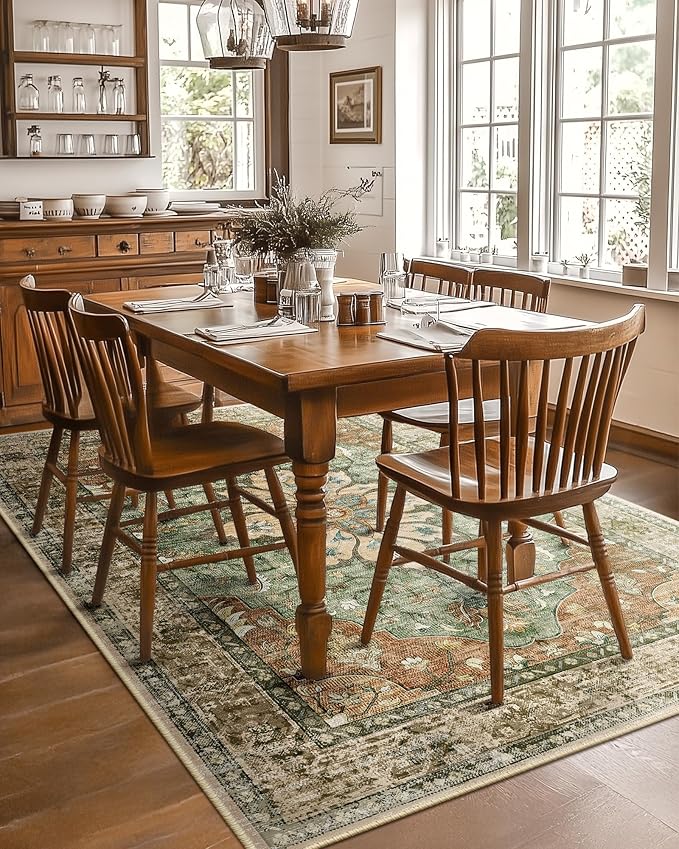 RELEANY Area Rugs 5'x7' Washable Non-Slip, Floral Vintage Distress Print Pattern Medallion Carpet for Living Room Bedroom Dining Room, Brick Red Rust Neutral Brown Burnt Orange Green