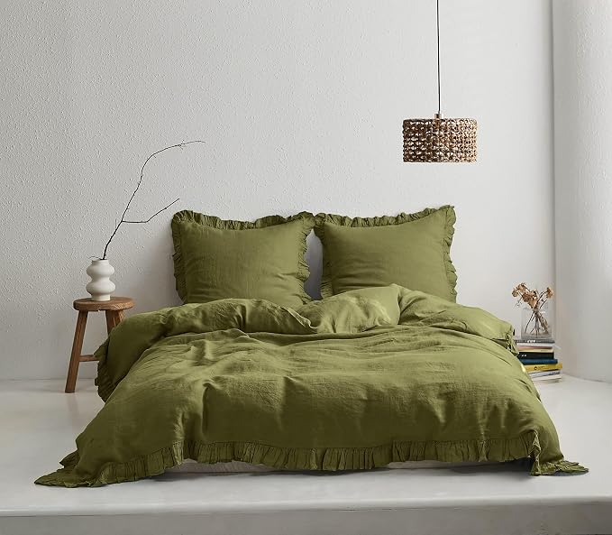 Simple&Opulence 100% Linen Euro Sham Covers with Ruffle, 26x26 Inch Pillow Covers Set of 2, Euro Pillow Shams for Bed Couch French Home Decor Luxury and Breathable Square Pillow Cases, Olive Green