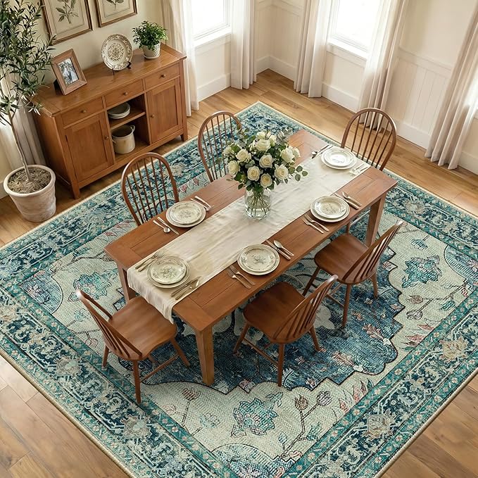 RELEANY Area Rugs Square 10ft Washable Non-Slip, Floral Vintage Distress Print Pattern Medallion Carpet for Living Room Bedroom Dining Room, Dark Blue Vintage