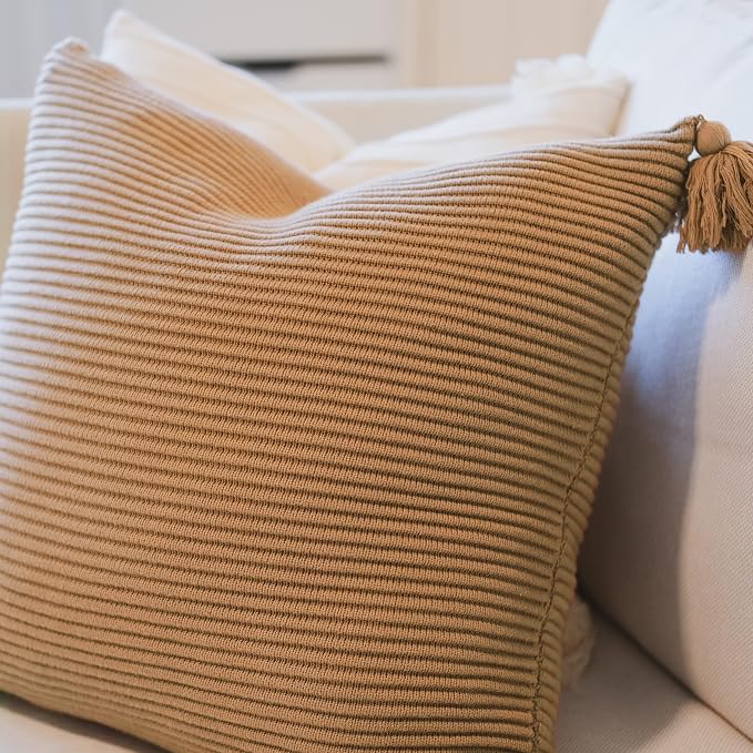Cozy Soft Cotton Throw Pillow Cover with Ribbed Knit Texture and Tassel Corners Brings Depth and Warmth to Your Home Decor (20x20, Mocha)