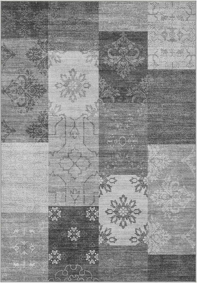 UERMEI 9x12 Area Rug for Living Room - Washable Vintage Carpet, Non-Slip Soft Large Indoor Floor Rugs for Bedroom Home Office & Under Dining Table Decor, Gray Block
