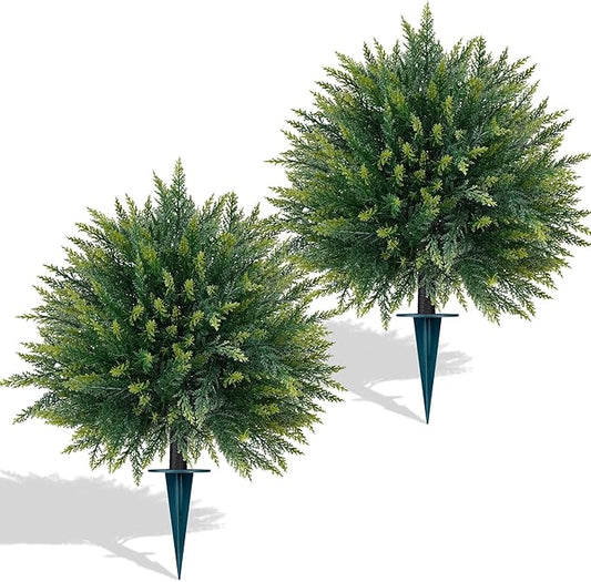 Yangrass 2PCS Artificial Cedar Topiary Ball Trees 23" for Outdoors with Ground Spike, UV Resistant Artificial Cypress Trees, Evergreen Shrubs Bushes Faux Plants for Front Porch Garden Backyard