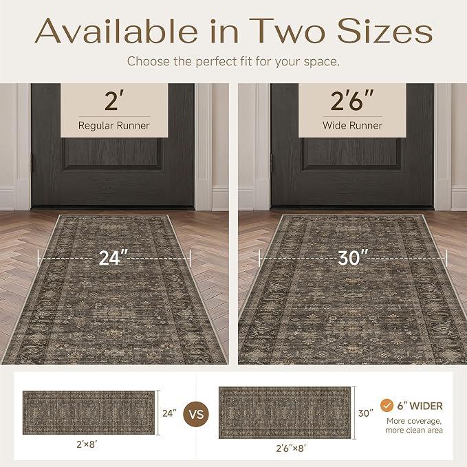 2'6x12 Washable Runner Rug for Hallway Kitchen Vintage Brown Non Slip Low Pile Carpet Traditional Retro Soft Throw Rug for Bathroom Bedroom Entryway Indoor Entrance