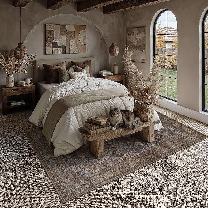 HUGEAR Area Rugs 5x7 Blue Brown Washable Rug for Living Room Bedroom Neutral Vintage Rug Carpet Distressed Soft Durable Non Slip No Shedding for Indoor Dining Nursery Farmhouse