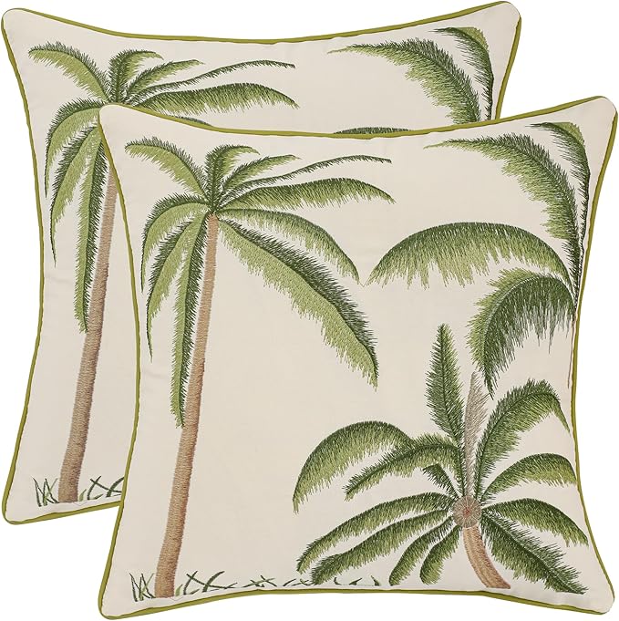 Palm Tree Decor Pillow Covers 18x18 Pack of 2 Boho Tropical Embroidered Throw Pillow Covers Summer Cushions Cases Farmhouse Square Pillowcases Spring Home Decor for Sofa Bed Living Room,Green