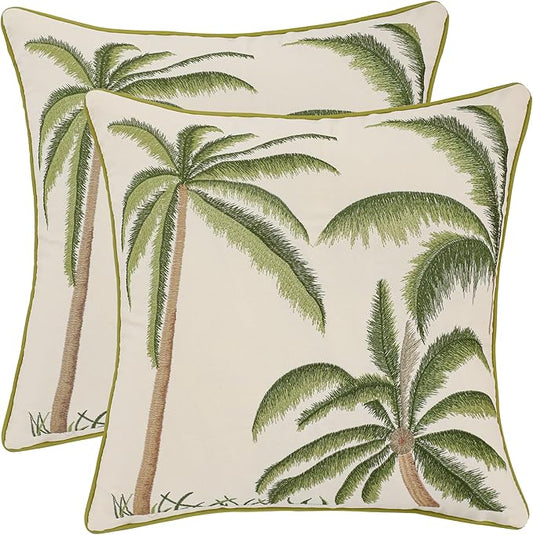 Palm Tree Decor Pillow Covers 18x18 Pack of 2 Boho Tropical Embroidered Throw Pillow Covers Summer Cushions Cases Farmhouse Square Pillowcases Spring Home Decor for Sofa Bed Living Room,Green