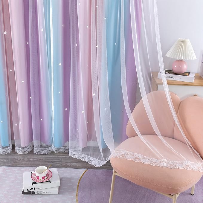XiDi Girls Curtains for Bedroom Decor 108 Inches Long Colorful Rainbow Star Blackout Curtains for Kids Princess Nursery Room Unicorn Wall Decor Ombre Grommet Drapes Pink Purple W52 X L108 2 Panels