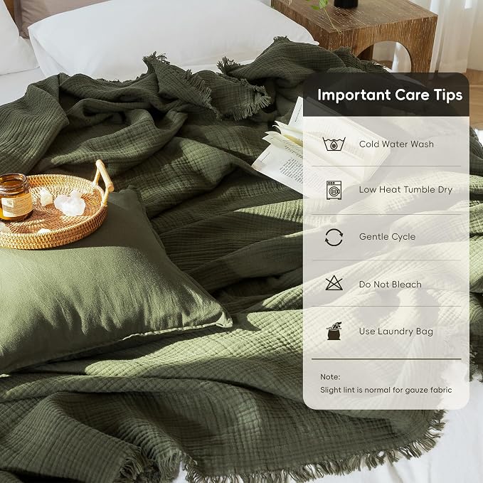 MooMee Muslin Blanket - 100% Cotton 4-Layer Gauze Throw Blanket with All-Around Fringe, Soft Breathable Lightweight Cooling Summer Blankets for Bed Couch (Olive Green,Super King 108" x 98")