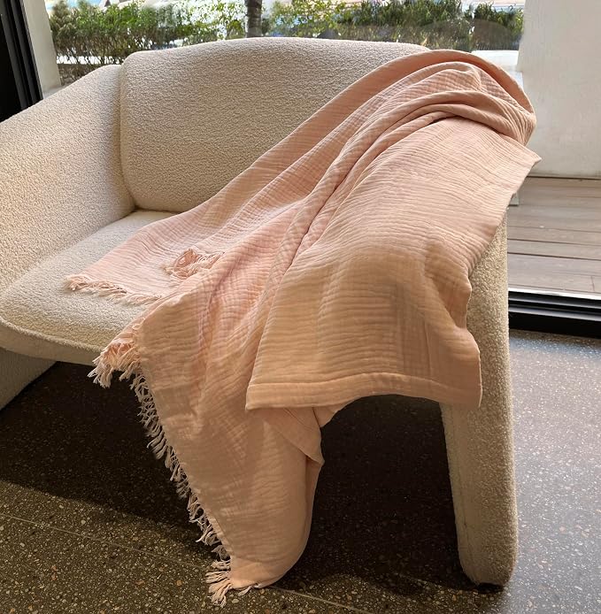 KyraHome 100% Organic Cotton Muslin Blankets for Adults, Girls, 60"x80", Plant Dyed, Breathable Lightweight Gauze Summer Throw Blankets for Couch, Napping, All Season (Soft Pink)