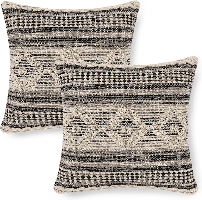 REDEARTH · Textured Throw Pillow Cushion Covers-Woven Tufted Decorative Farmhouse Cases Set for Couch, Sofa, Bed, Chair, Dining, Patio, Outdoor; 100% Cotton (18"x18", Diamond Virgule) Pack of 2