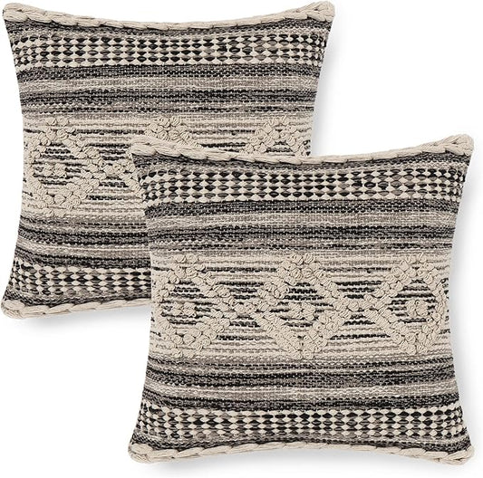 REDEARTH · Textured Throw Pillow Cushion Covers-Woven Tufted Decorative Farmhouse Cases Set for Couch, Sofa, Bed, Chair, Dining, Patio, Outdoor; 100% Cotton (18"x18", Diamond Virgule) Pack of 2