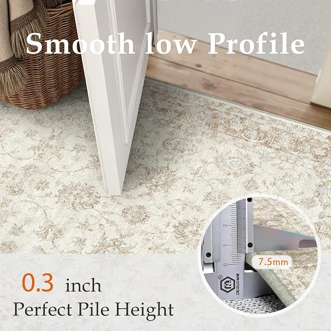 8x10 Washable Neutral Area Rug for Living Room Bedroom Beige Floral Soft Non Slip Rug Low Pile Distressed Carpet for Dining Room Nursery Office Indoor