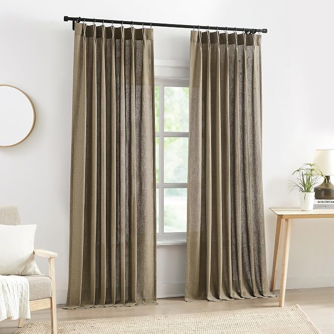 Central Park Pinch Pleat Light Filtering Curtain Panel with Microfiber Liner 120 Inch for Living Room, Linen Blended Textured Window Treatment for Bedroom with Back Tab Hooks, Café Brown, 40"Wx120"Lx2