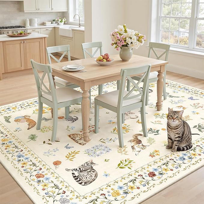 Soalmost Cat 5x7 Area Rugs for Living Room, Machine Washable Animal Floral Vintage Rug Non-Slip Low Pile Soft Throw Rugs for Kitchen Dining Room Bedroom Nursery Playroom (5 x 7,Beige)