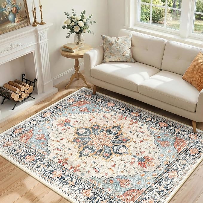 RELEANY Area Rugs 4'x6' Washable Non-Slip, Floral Vintage Distress Print Pattern Medallion Carpet for Living Room Bedroom Dining Room, Beige Navy Blue Orange Colorful