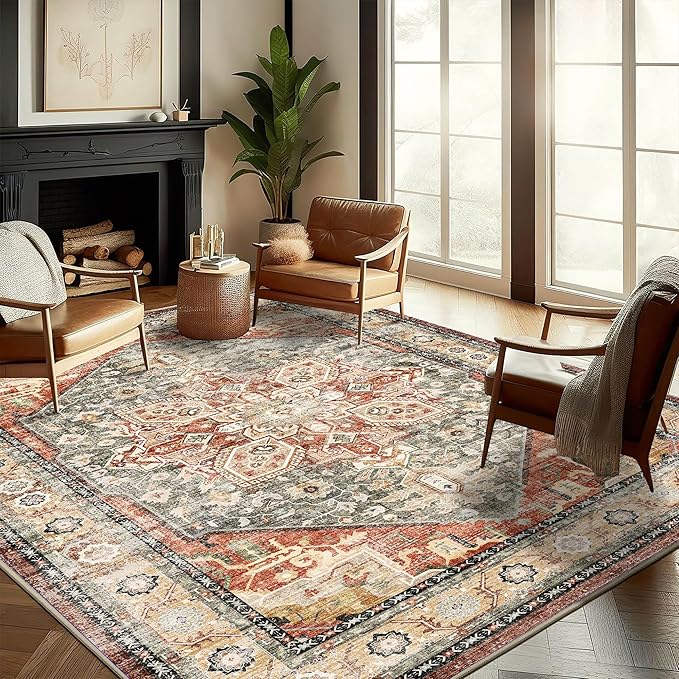 CHAMPLANT Washable Area Rug 9'x12' Red Khaki Retro Flowers Boho Design Non-Shedding Easy Care Ideal for High Traffic Areas in Living Room Bedroom Office Coffee Table Kitchen Large Carpet
