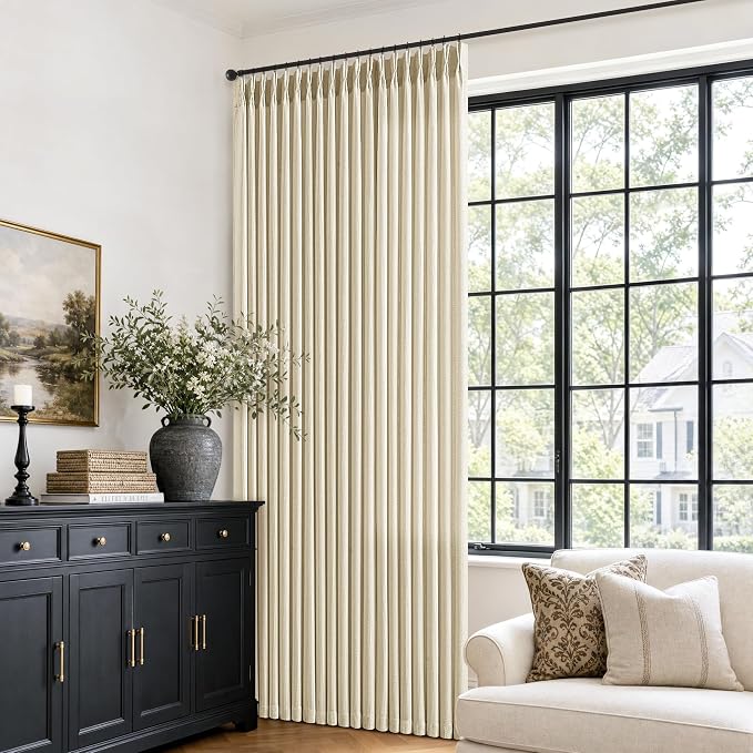 Cream Beige Pleated Linen Curtains 70 Inch Width 90 Inch Length 2 Panels Farmhouse Light Filtering Linen Blend Pinch Pleat Curtains for Living Room Extra Wide Memory Trained Semi Sheer Door Drapes