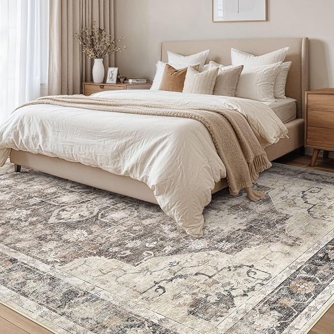 Area Rug for Living Room - 10X12 Soft Washable Vintage Floral Distressed Large Carpet - Fade Stain Resistant Non Slip Rugs for Bedroom Dining Room Nursery Dorm Office Home Decor - Dark Brown
