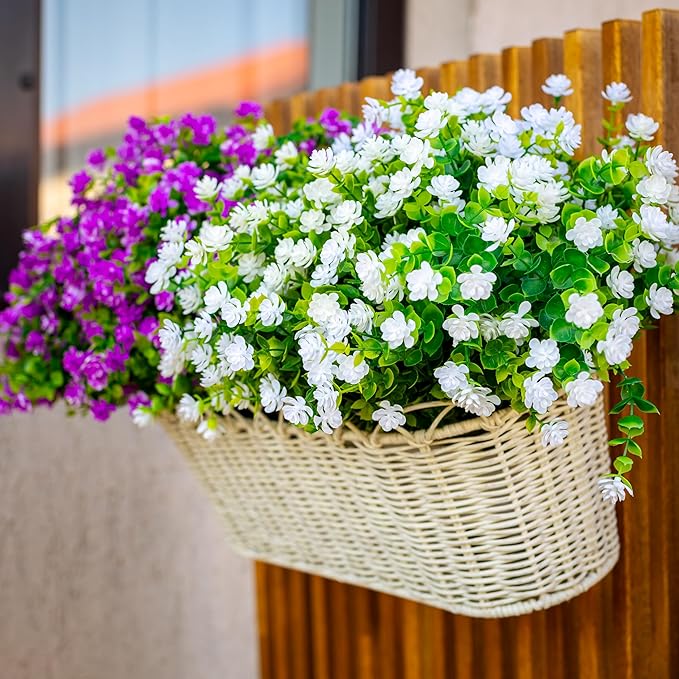 AXYLEX Artificial Flowers for Outdoors Fake Plants - 12 Bundles Faux Outside Greenery Boxwood No Fade Plastic Shrubs Fall Decor Farmhouse Home Garden (White)