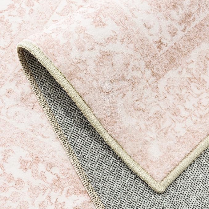 PureCozy Pink Runner Rug 2x5 Hallway Machine Washable Kitchen Vintage Distressed Non Slip Long Carpet Indoor Retro Floral Bedroom Accent Throw Rug for Bathroom Office Laundry Dining Room