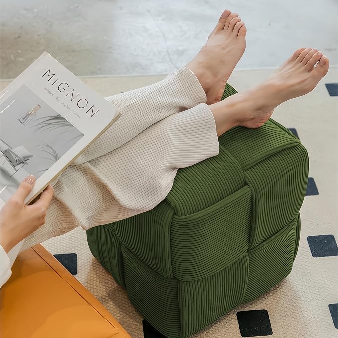 Cmishe 15" Square Woven Corduroy Ottoman Footrest - Modern Vanity Stool for Living Room & Entryway, Eco-Friendly Wood Frame, No Assembly (Green)