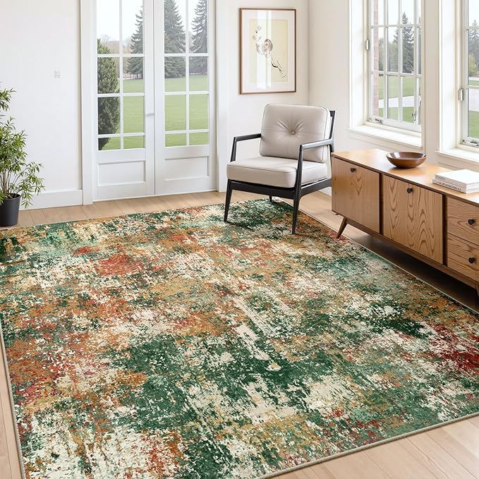 RELEANY Washable Area Rugs 7'x9' Non-Slip Modern Abstract Soft for Living Room Entryway Bedroom Nursery, Print Pattern, Green Orange Rust Red Cream Colorful