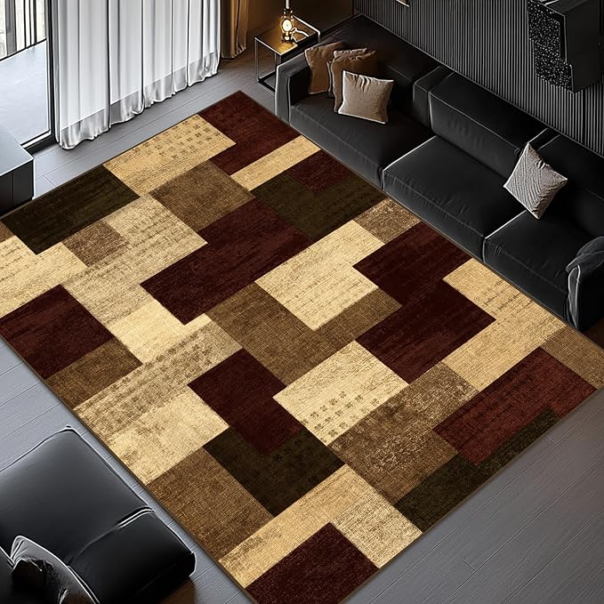 Modern Geometric Patchwork Indoor Area Rug for Living Room, Red 10x14 Large Rug Rockwood Collection Hardwood Floors Decor for Bedroom, Burgundy Throw Carpet for Office Entryway Dining Room