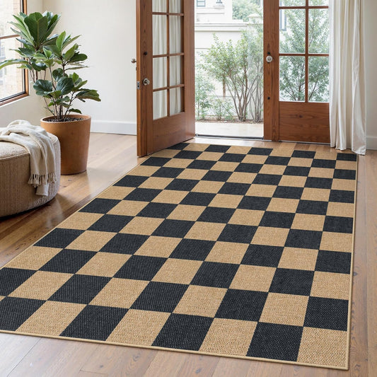 Lahome Checkered Easy Jute Area Rug, 5x7 Outdoor Patio Rug Washable Carpet for Living Room Checkerboard Indoor Outdoor Carpet, Farmhouse Geometric Non Slip Black Mat for Backyard Dining Room