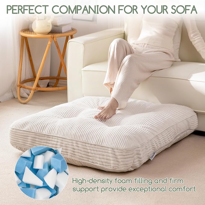 HIGOGOGO 35" Floor Pillow Cushion for Adults, Meditation Cushion Pillow, Extra Large Square Floor Sitting, Tufted Corduroy Cover for Tatami Living Room or Yoga, Beige
