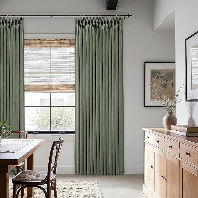 Sage Green Pinch Pleated Linen Curtains 84 Inch Length 2 Panels for Living Room Bedroom Semi Sheer Window Drapes Light Filtering Privacy Boho Farmhouse Pinch Pleat Curtain 84 Inches with Hooks Rings