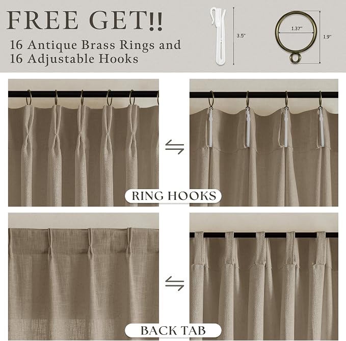 Camel Tan Pinch Pleated Linen Curtains 105 Inch Length for Living Dining Room Neutral Country Memory Training Light Filtering Back Tab Pleat Curtain Light Brown Window Drapes for Sliding Door 2 Panels