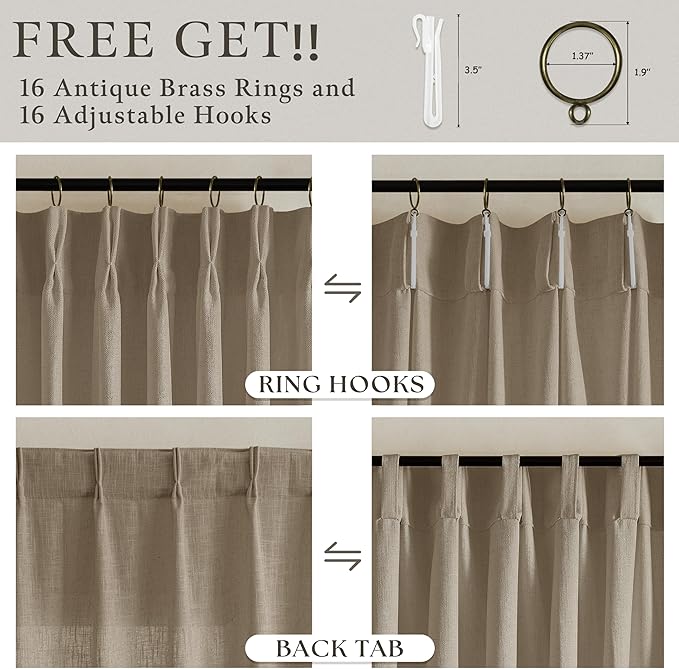 90 Inch Tan Pleated Curtains for Living Room Bedroom Country Light Filtering Memory Training Pinch Pleat Curtains with Track System Hooks Rings Camel Beige Linen Blend Office Patio Drapes 2 Panels