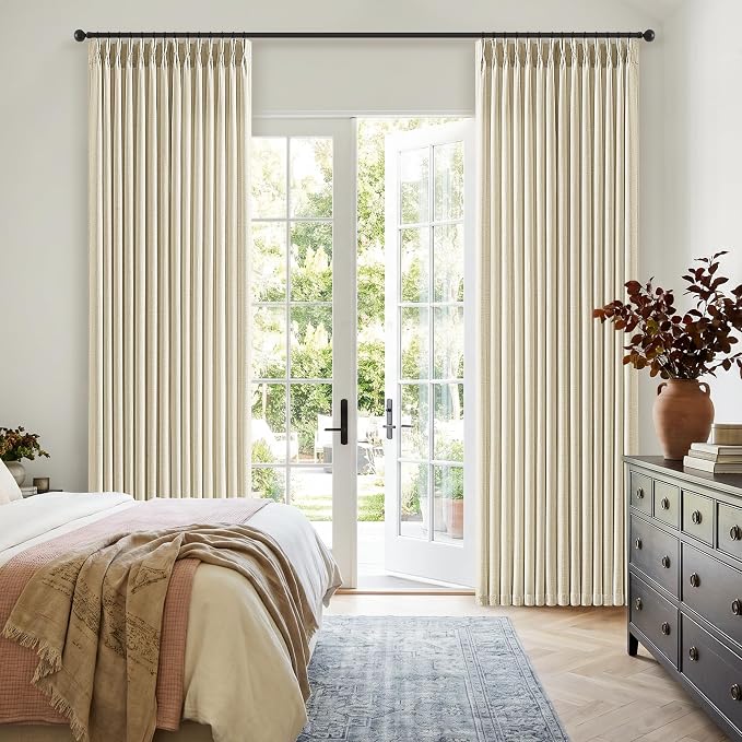 Pinch Pleated Linen Curtains 112 Inch Length 2 Panels Boho Rustic Light Filtering Thick Flax Linen Pleat Curtains for Sliding Patio Door Cream Beige Semi Sheer Privacy Living Room Drapes