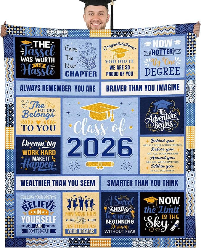 Graduation Blanket Gifts for Him, Soft Cozy Blue Class of 2026 Throw Blanket, Inspirational Quotes Graduation Blanket, 50"x60"