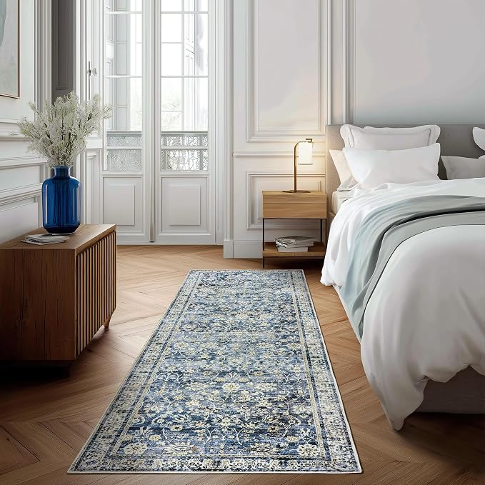 Blue 2x6 Runner Rug for Hallway Low Pile Kitchen Rugs Non Slip Washable Vintage Floral Distressed Design Carpet for Entryway Bedroom Boho Retro Dark Blue Rug for Bathroom Indoor 2 x 6