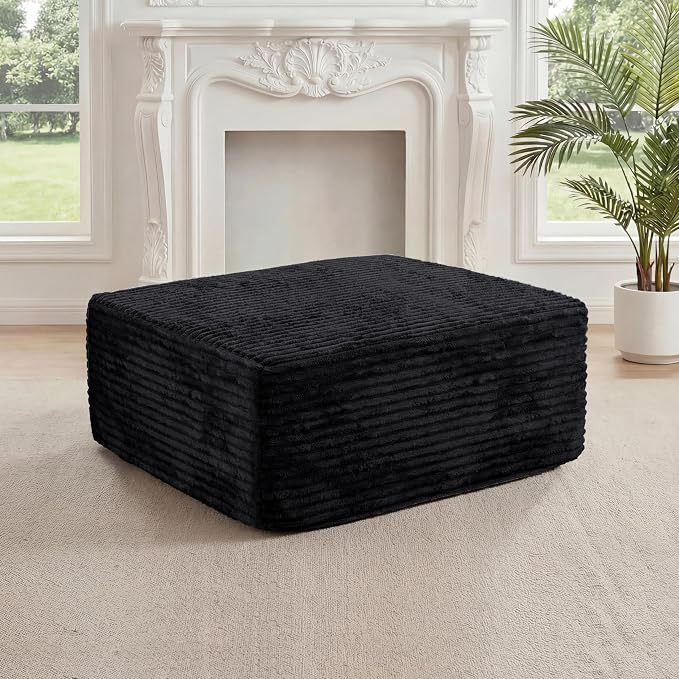 27.56'' Plush Fluffy Corduroy Poofy Ottoman in a Box for Boneless Sofa Couch, Modern Compressed Foot Rest, Small Comfy Rectangle Boneless Pouf Footstool Ottoman for Living Room, Bedroom, Black