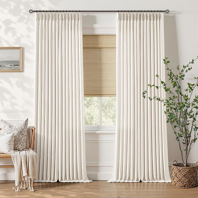 Beige Pinch Pleat Curtains 98 Inches Length 2 Panels Natural Cream Semi Sheer Thick Linen Pleated Curtains for Living Room Bedroom Neutral Boho Back Tab Drapes for Office Sliding Door 98 Inch Long